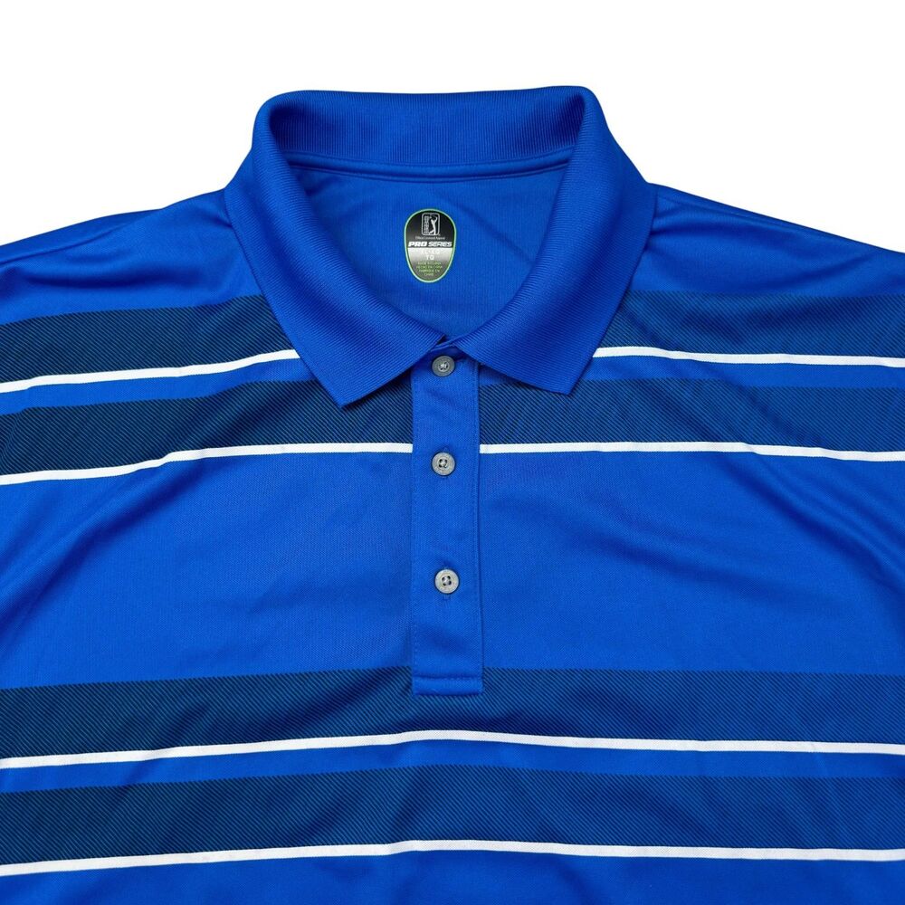 PGA Tour Polo Shirt Men's Extra Large Blue Pro Series Striped Golf Short Sleeve